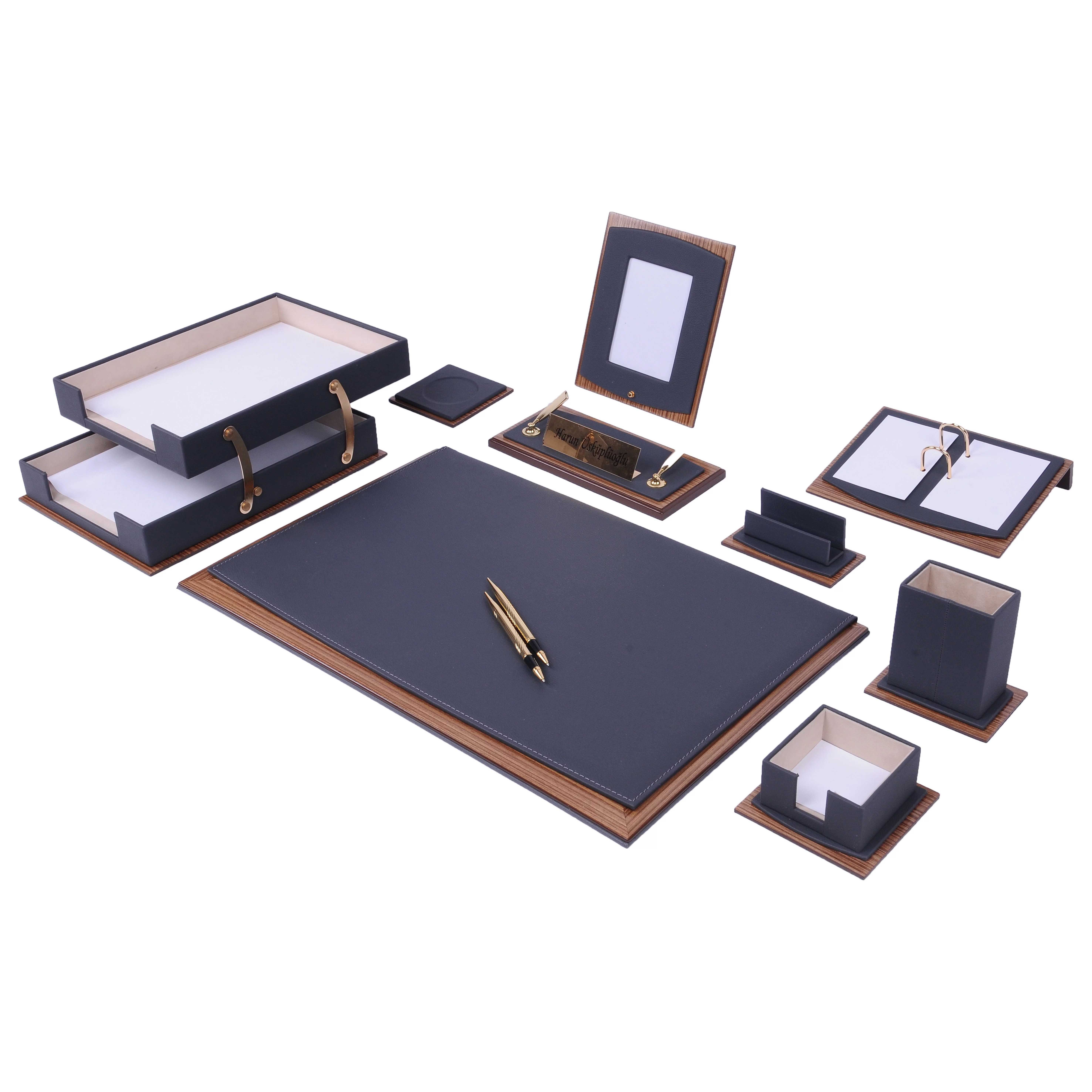 Star Luxury Leather Desk Set, Leather & Wood Desk Set, 11 Pcs, with Double Tray, Desk Organizer (Gray)