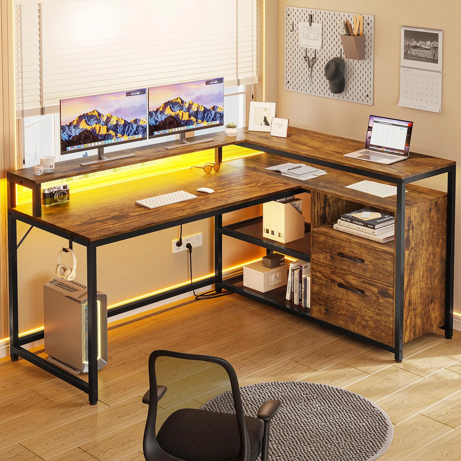 Brown L Shaped Cpomputer Desk with LED Lights and Printer Storage Shelves,55" Home Office Desk with 2 Drawers,Morden Gaming Desk