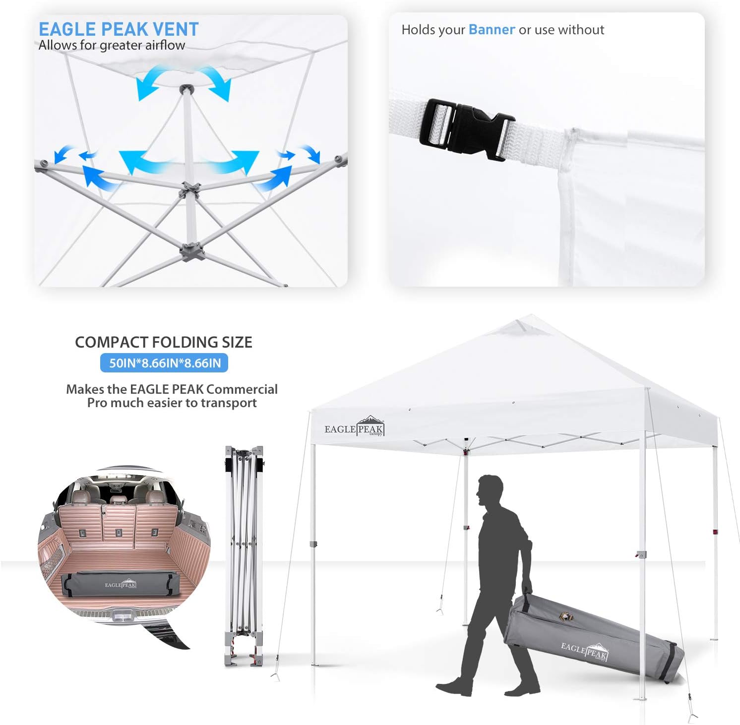 EAGLE PEAK 10' x 10' Heavy Duty Commercial Canopy Tent Pop Up Industrial Instant Canopy Shelter with 100 Square Feet of Shade (White)