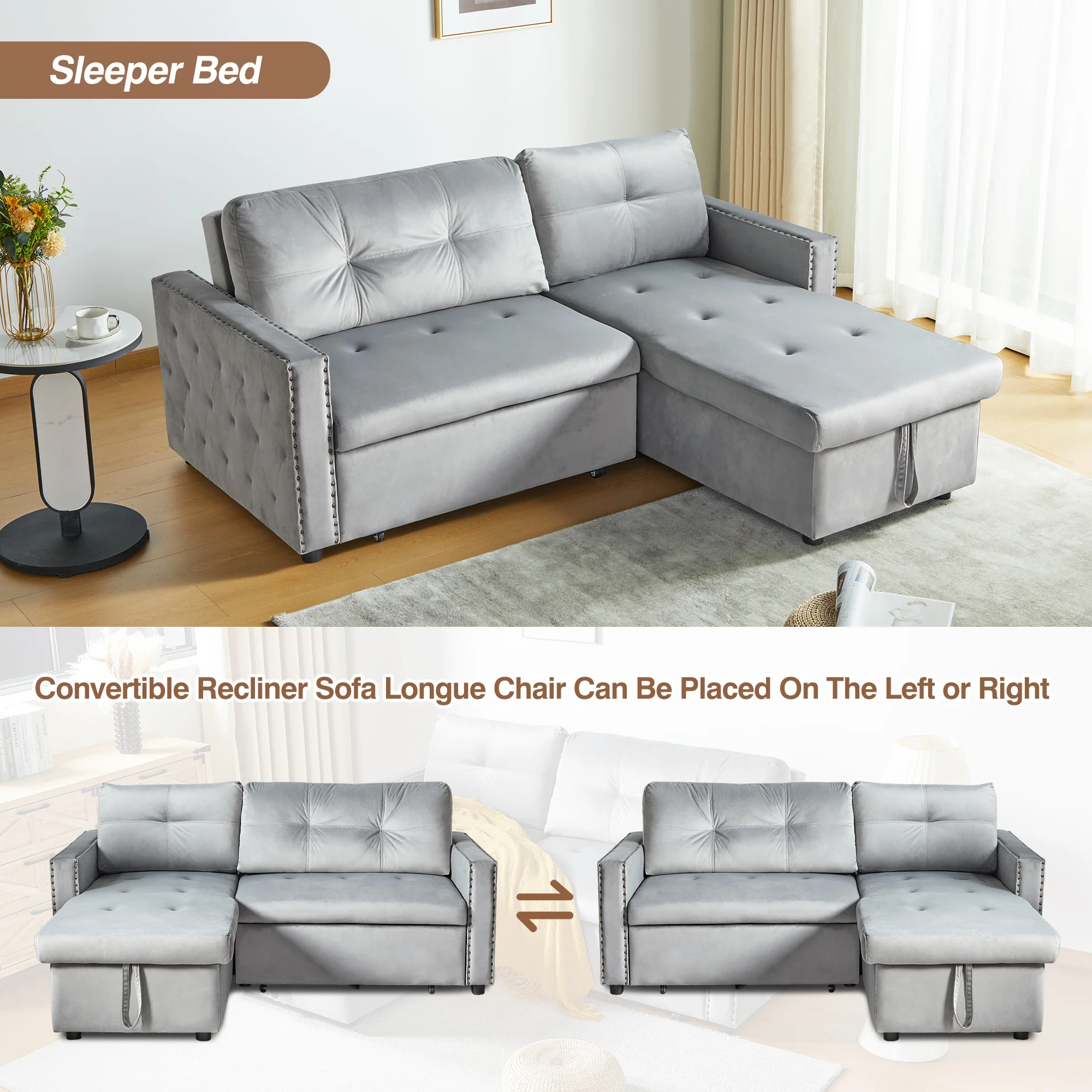 Giratree 3-in-1 Sofa Bed King Size, L Shaped Couch with Storage, Double Chaise Lounge Bed, Gray