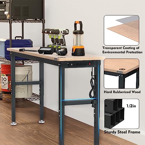 WORKPRO 48" Adjustable Workbench, Rubber Wood Top Heavy-Duty Workstation, 2000 LBS Load Capacity Hardwood Worktable with Power Outlets, for Workshop, Garage, Office, Home