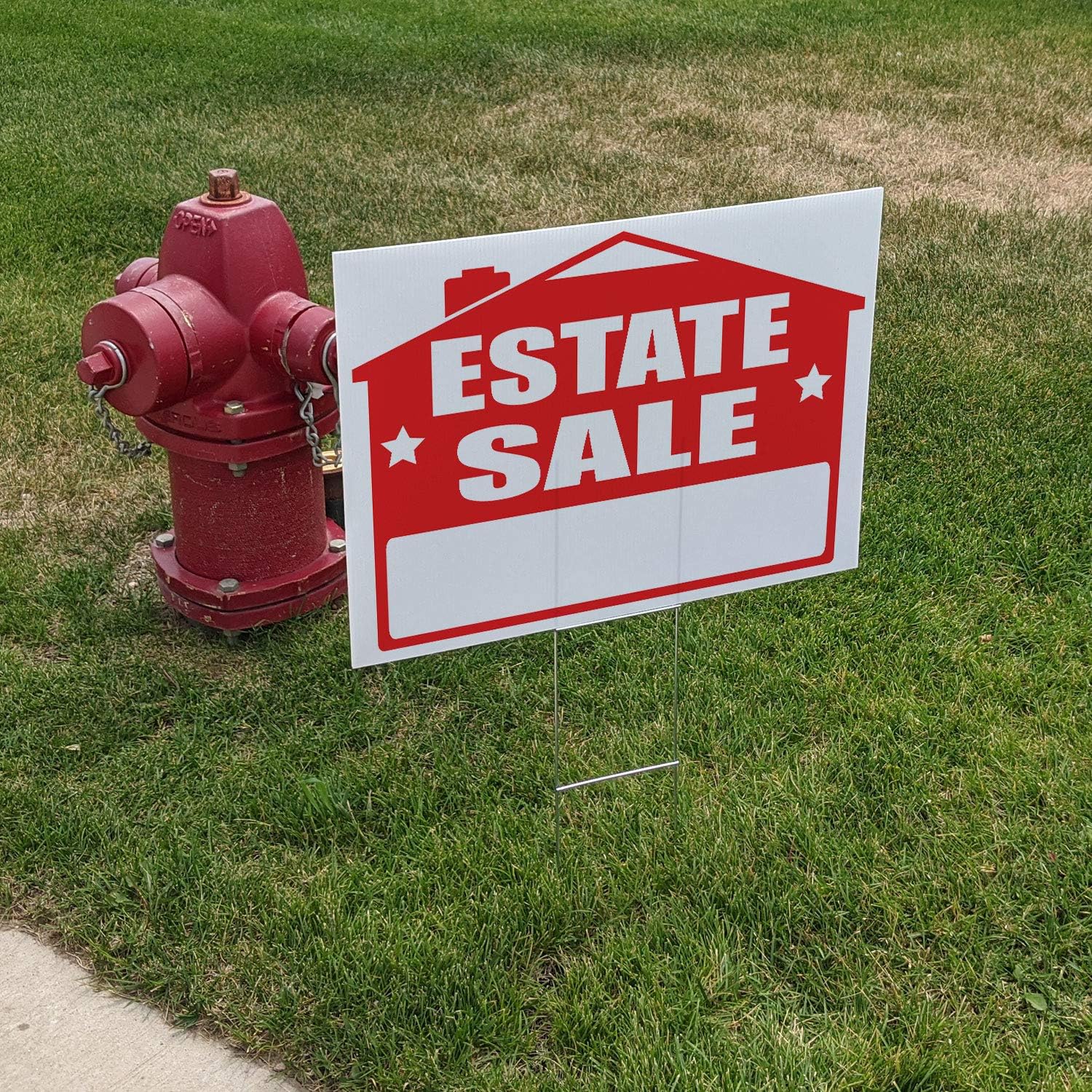 | Estate Sale Yard/Lawn Sign Kit | 24" W x 18" H CoroPlast | Double-Sided | Includes 6"W x 18"H Metal H-Stakes + Blue Arrow Stickers (5) Pack of 2