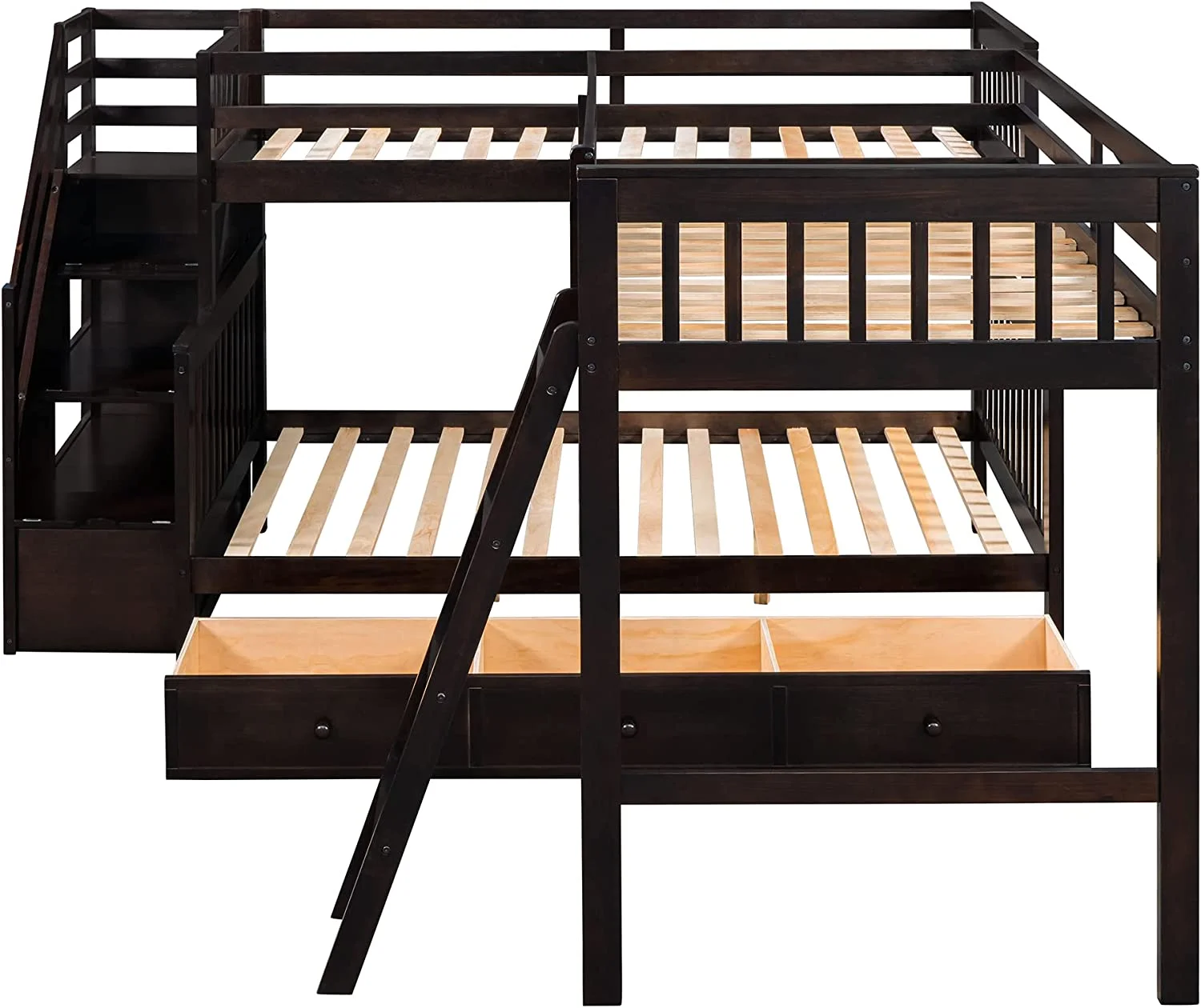 Twin Over Full L-Shaped Triple Bunk Bed for Kids, Wooden Corner Bunk Bed with 3 Storage Drawers Attached a Twin Loft Bed,Bunk Beds with Stairs and Ladder for Boys Girls Teens,Espresso