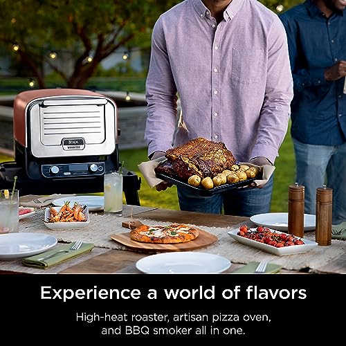 Ninja Woodfire Pizza Oven, 8-in-1 outdoor oven, 5 Pizza Settings, Ninja Woodfire Technology, 700°F high heat, BBQ smoker, wood pellets, pizza stone, electric heat, portable, terracotta red, OO101