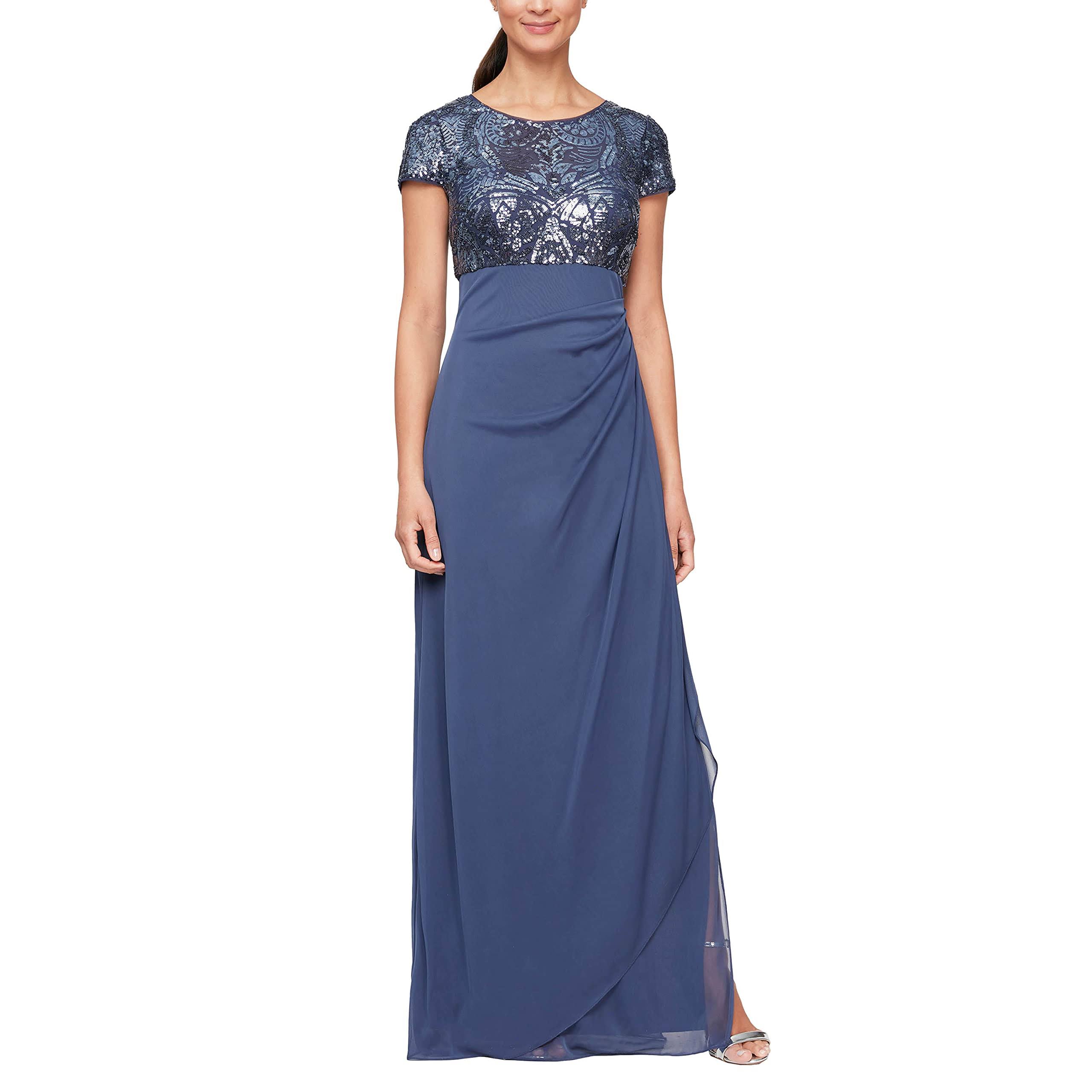 Alex Evenings Petite Size Cap Sleeve Stretch Sequin Side Ruffle Gown - 6p