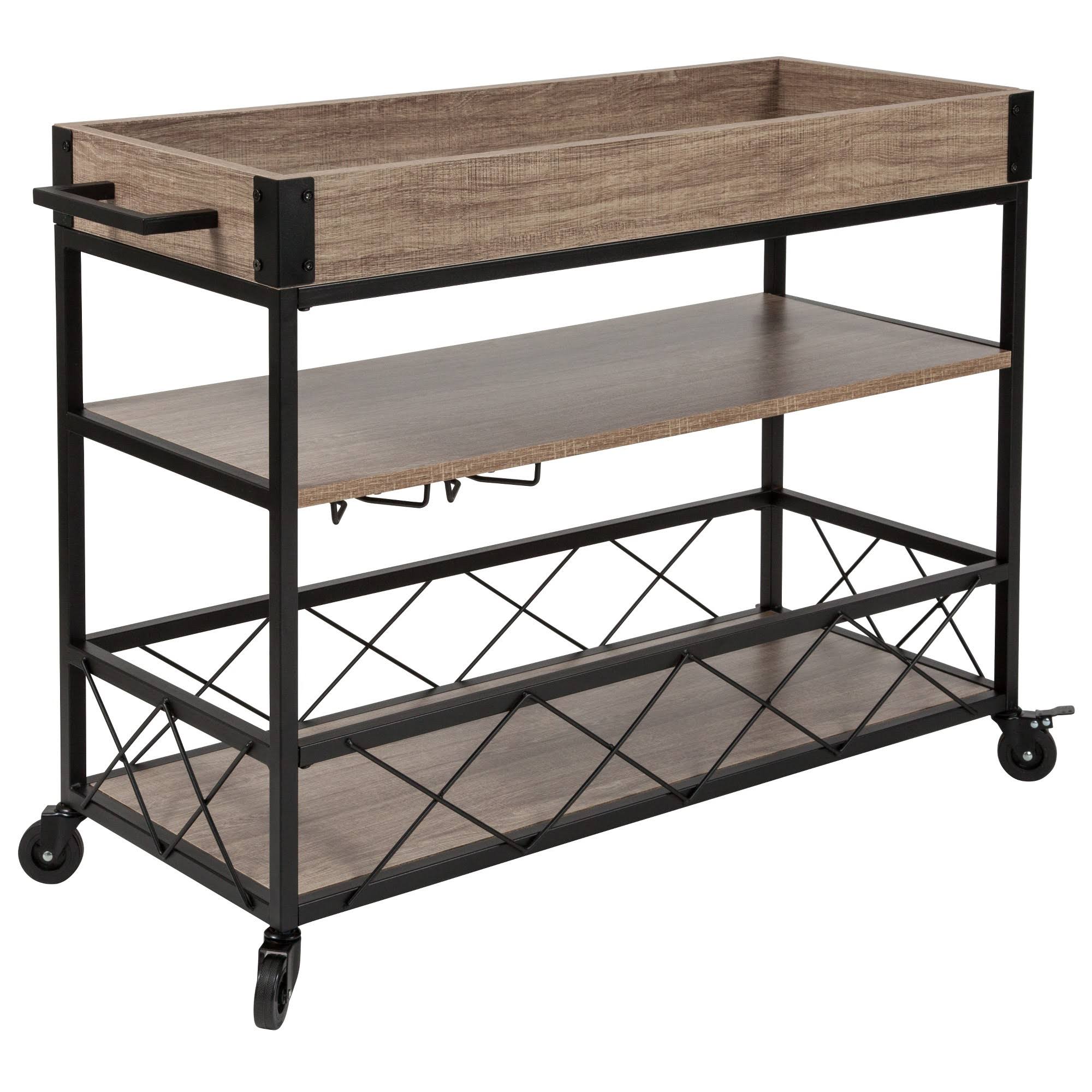 Emma and Oliver Light Oak Wood Kitchen Bar Cart, Stemware Rack and Locking Casters