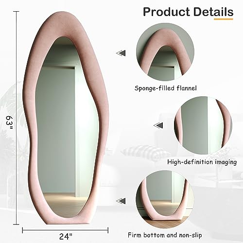 Honyee Full Length Mirror, 63" x 24" Wall Mirror, Flannel Wrapped Wooden Frame Floor Mirror, Irregular Wavy Mirror Hanging or Leaning Against Wall for Cloakroom/Bedroom/Living Room, Milk Tea