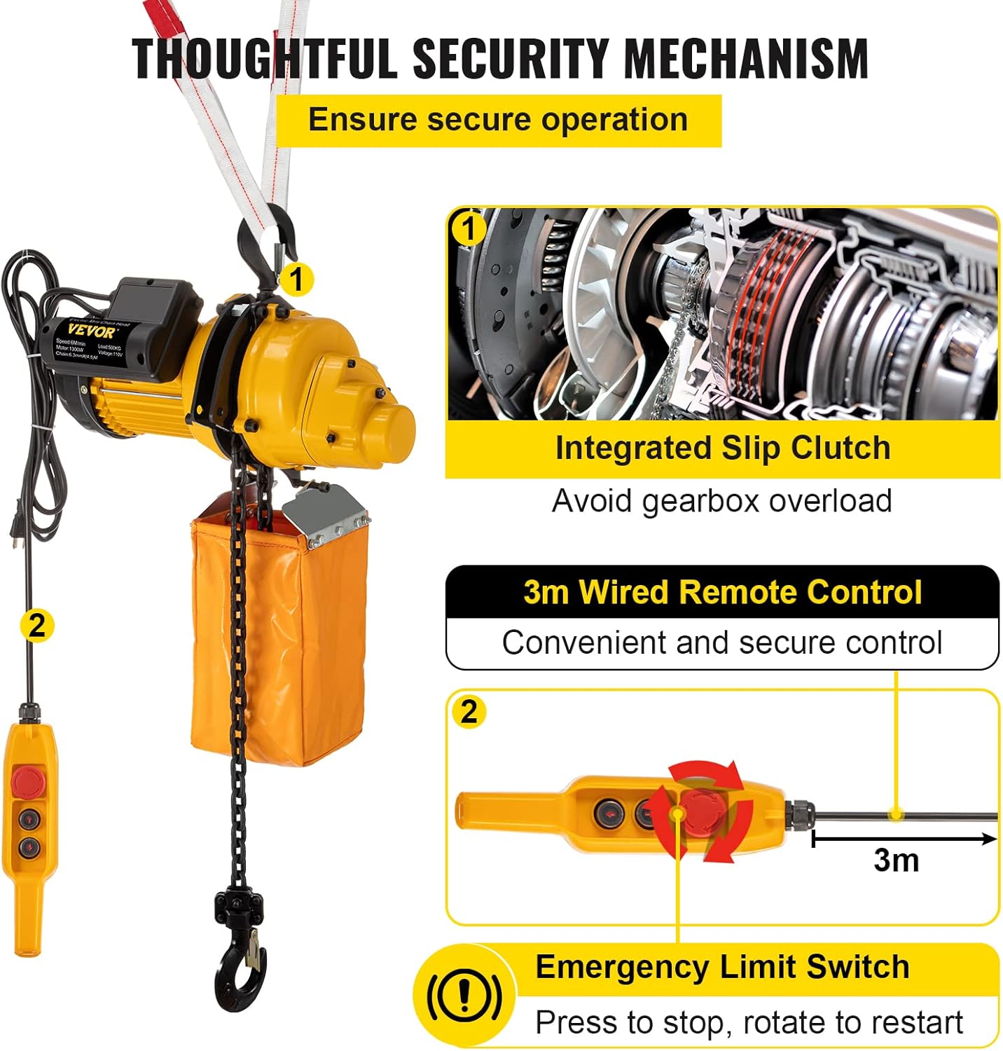 VEVOR Electric Chain Hoist, 1100lbs Winch with 10FT Wired Remote Control, 110V Overhead Crane Garage Ceiling Pulley, 1300W Lifting Power System w/Emergency Stop Switch, 15 Feet Max. Pulling Height
