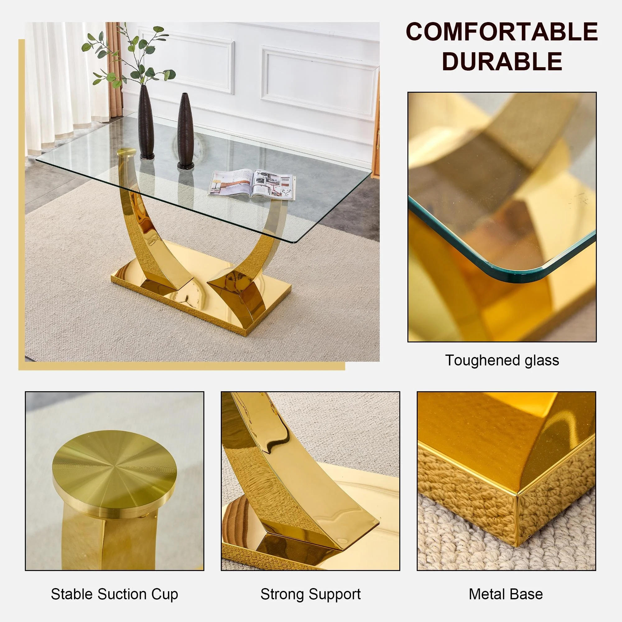 Sumdeal 63" Glass Dining Table Set for 6,Modern Dining Room Table Set for 6, Kitchen Table and PU Leather Chairs Set for 6, Dinner Table with Rectangle Tempered Glass Top and Chrome Golden Base