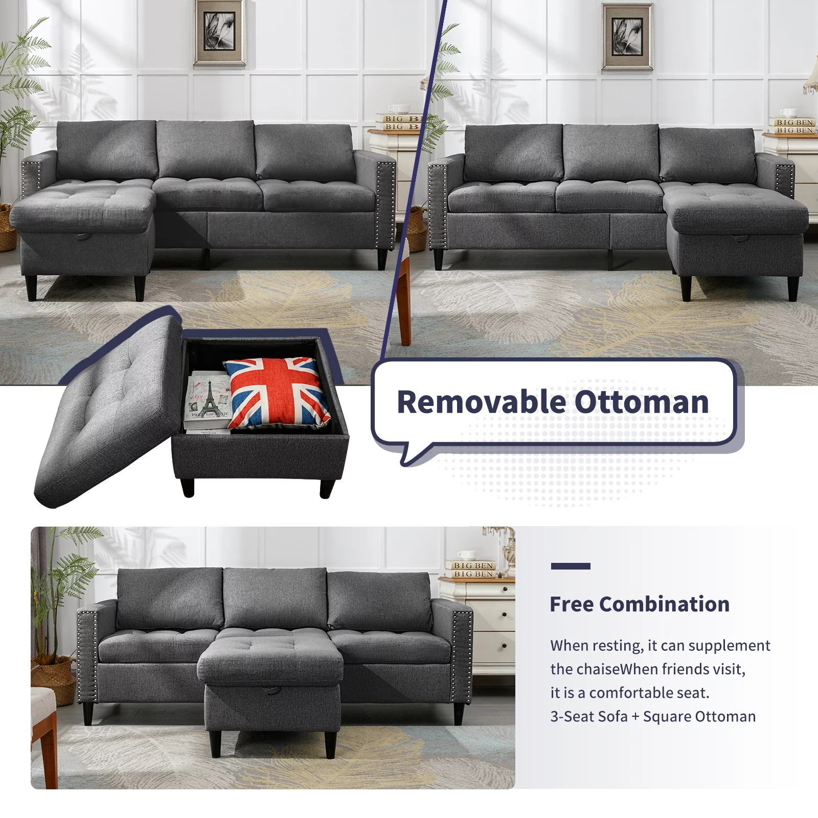 ZAFLY Reversible Sectional Couch, Set 3 Seat L Shaped Modular Sleeper Sofa Bed with Flexible Storage Ottoman Chaise, Modern Sofa Couches for Living Room/Apartment/Office - Dark Grey