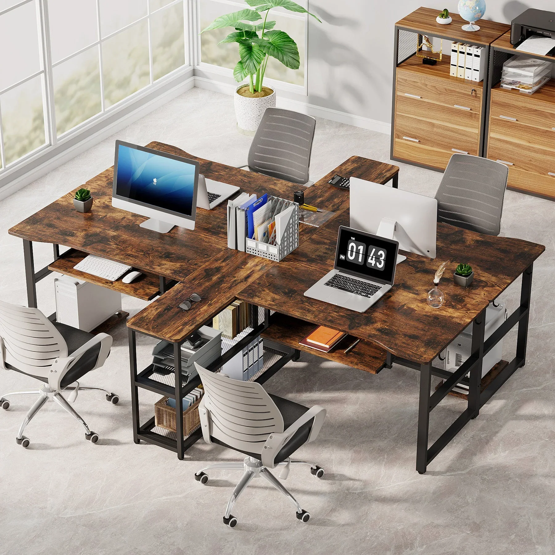 94.5" Two Person Desk, Double Computer Desk with Keyboard Tray & LED Lights