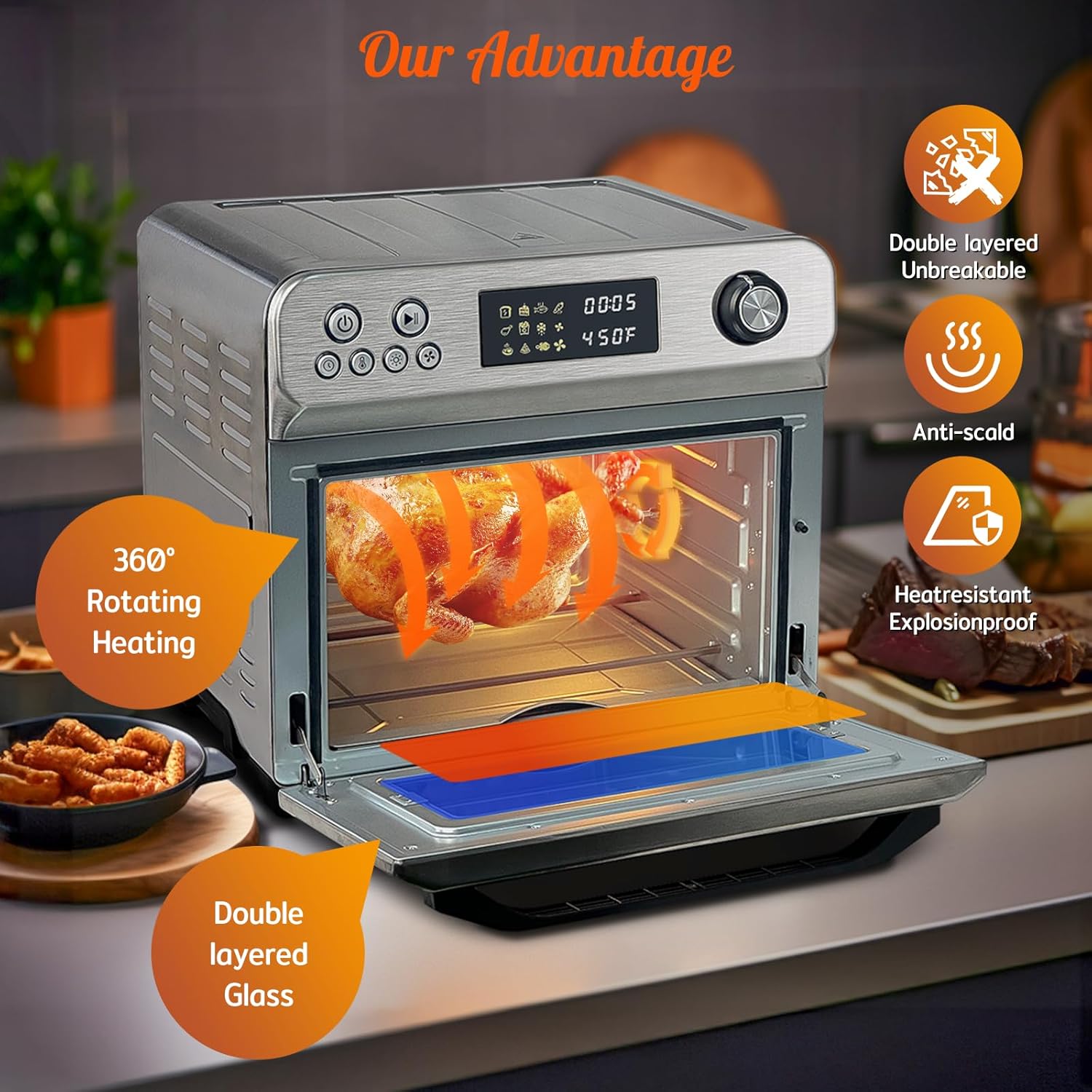 HYSapientia Air Fryer Oven Combo, 26Quart 10-in-1 Large Toaster Oven Combo with LED Display Knob Control, Stainless Steel 1800W with Full Accessory Set