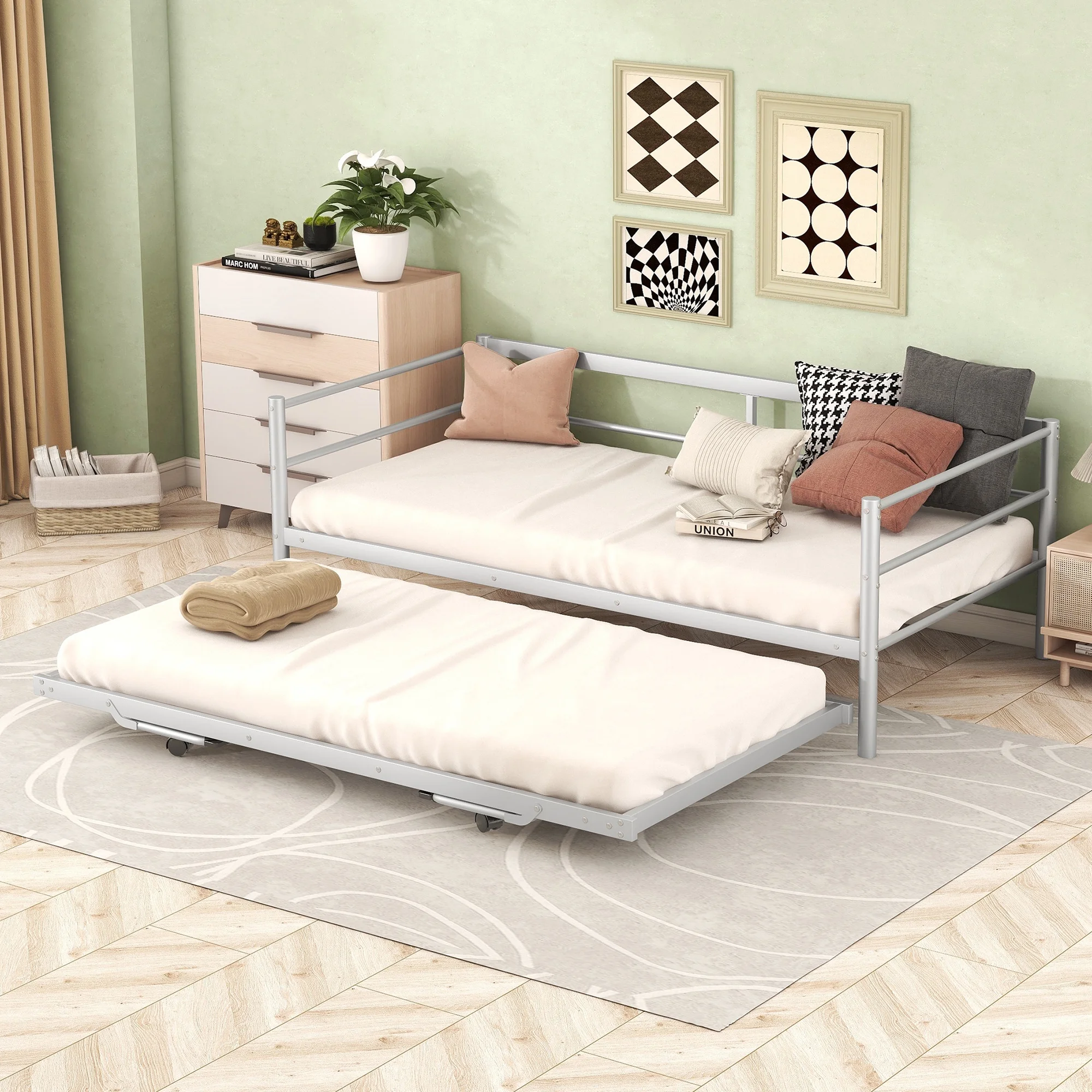 Euroco Metal Twin Size Platform Bed, Convertible Daybed with Trundle Bed, Pop Up Trundle for Guests and Extra Storage, Silver