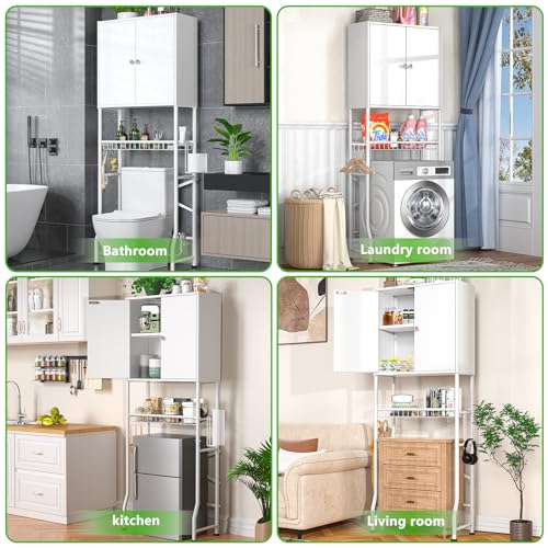 Over The Toilet Storage Cabinet - 2-Door Design Bathroom Organizers Shelf, Freestanding Space-Saver Above Toilet Storage Cabinet with Privacy Protection Rack, Water-Resistant Toilet Shelves (White)