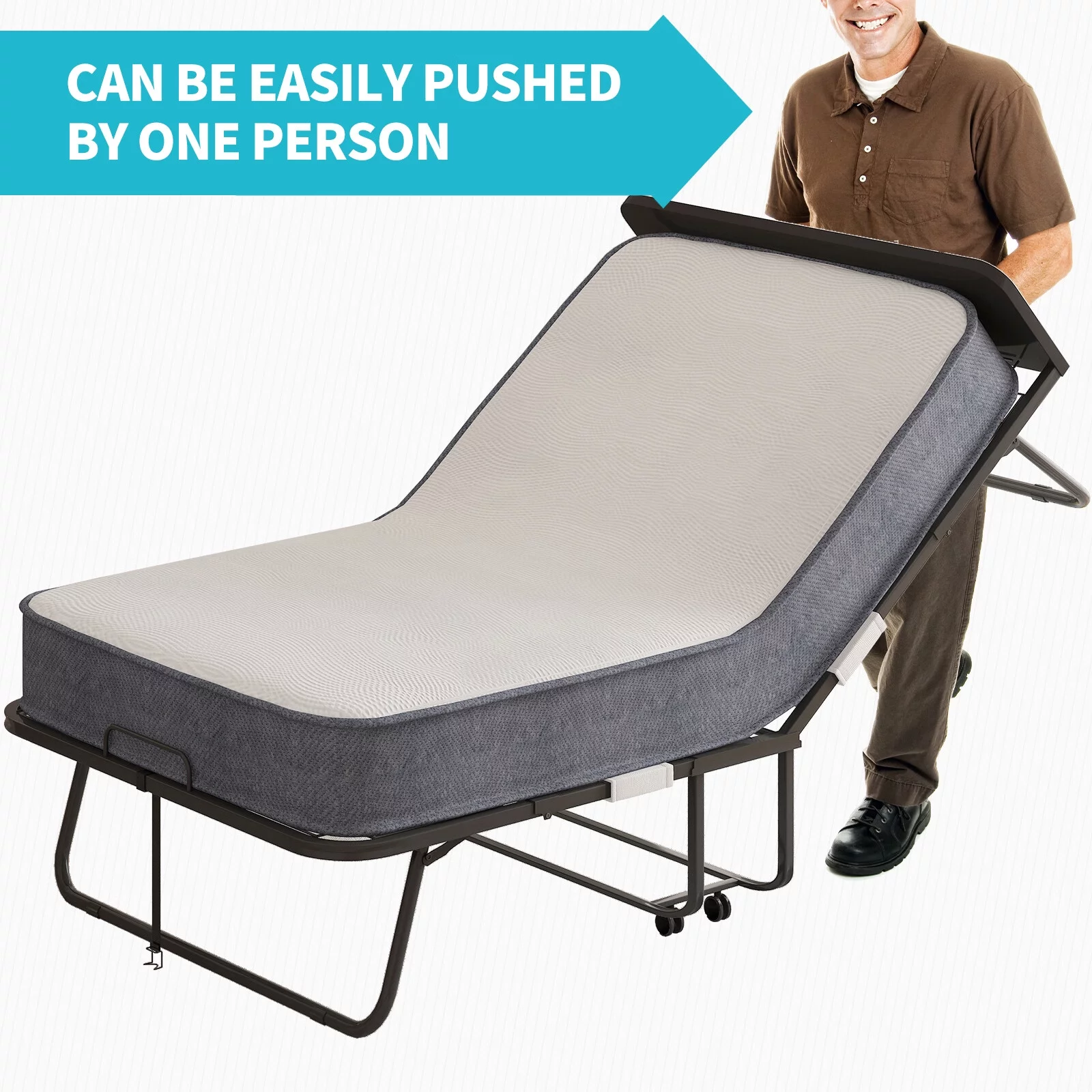 CECER Folding Bed 5" Mattress & Headboard, 75"×31" Twin Size Rollaway Foldable Bed with Memory Foam Mattress, Metal Guest Bed Dust Cover Included