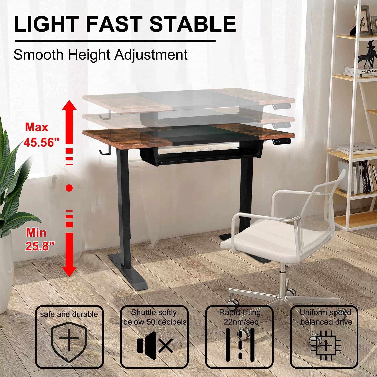48"x24" Home Office Electric Height Adjustable Standing Desk Sit Stand Computer Workstation w/Drawers, Hook, Memory Preset, T-Shaped Metal Bracket, Splice Board, Black, Rustic Brown