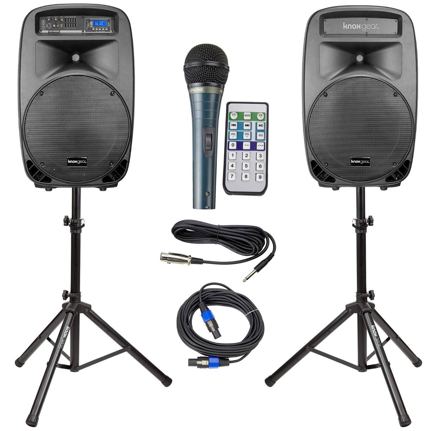 Knox Dual 15x22 Speakers, 600 Watt - 8 Piece Portable PA System - Microphone, Tripods, Remote Control