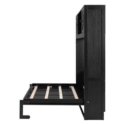SOFTSEA Full Horizontal Murphy Bed with Shelves, Farmhouse Murphy Wall Bed with Storage Bookcase for Small Spaces, Living Room, Guest Room, Bedroom, Home Office, Black