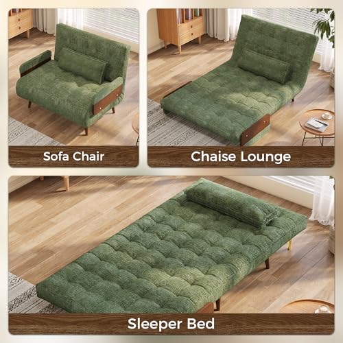 3-in-1 Convertible Chair Bed Sleeper for Adults, Linen Convertable Sleeper Chair with Wooden Arms & Pillows, Foldable Single Futon Sofa Bed (Mid Century with Walnut Arm, 36.6" Wide)