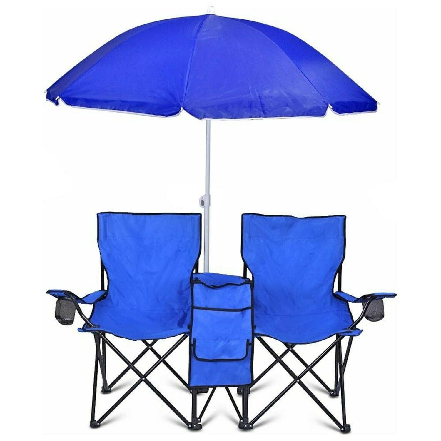 GoTEAM Portable Double Folding Chair w/Removable Umbrella, Cooler Bag and Carry Case (Blue)