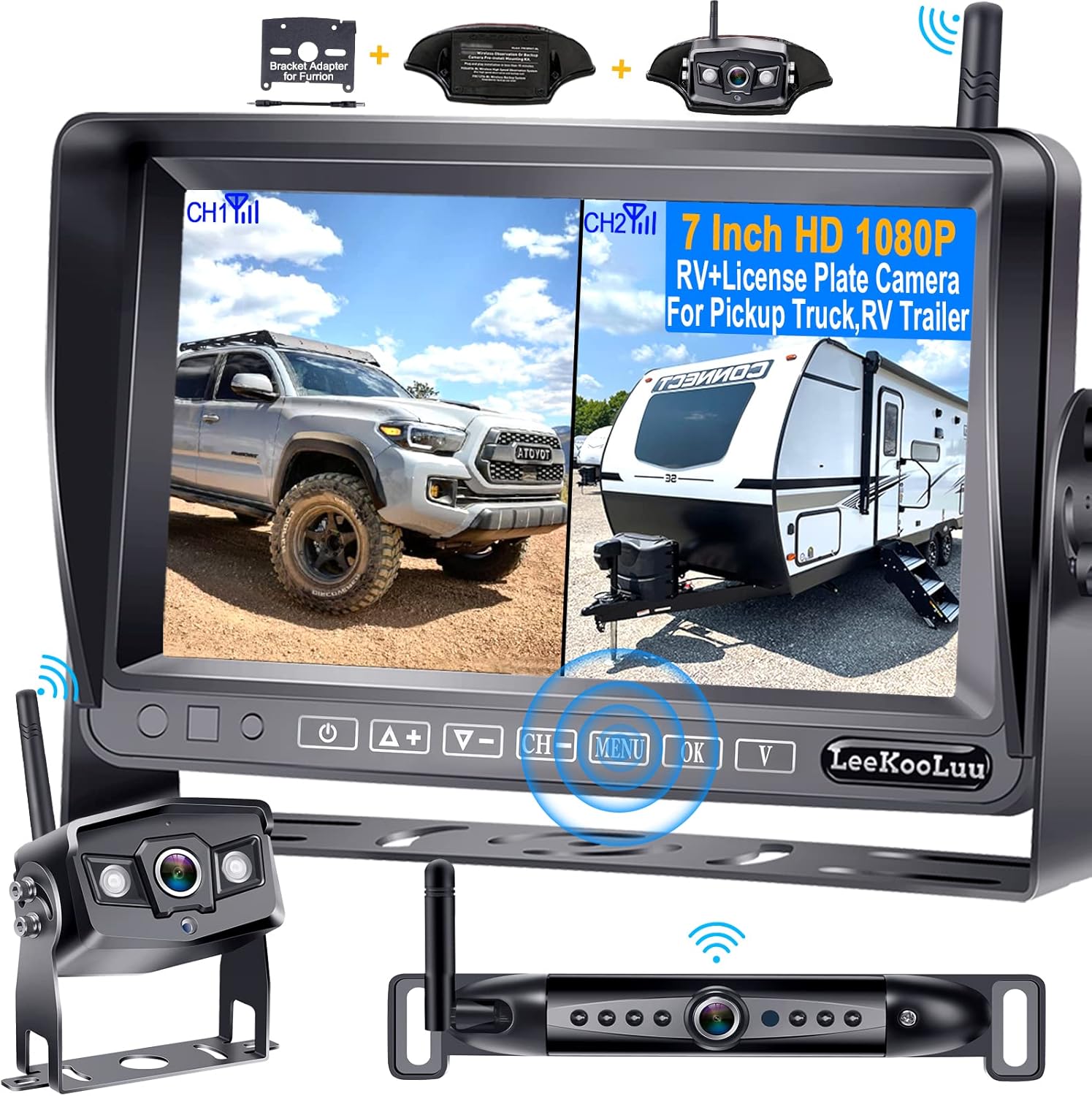 Wireless Backup Camera for RV,Split Screen 7 Inch HD 1080P DVR Monitor Wireless License Plate Backup Camera & Wireless RV Camera Add Up to 4 Cameras LeeKooLuu LK6