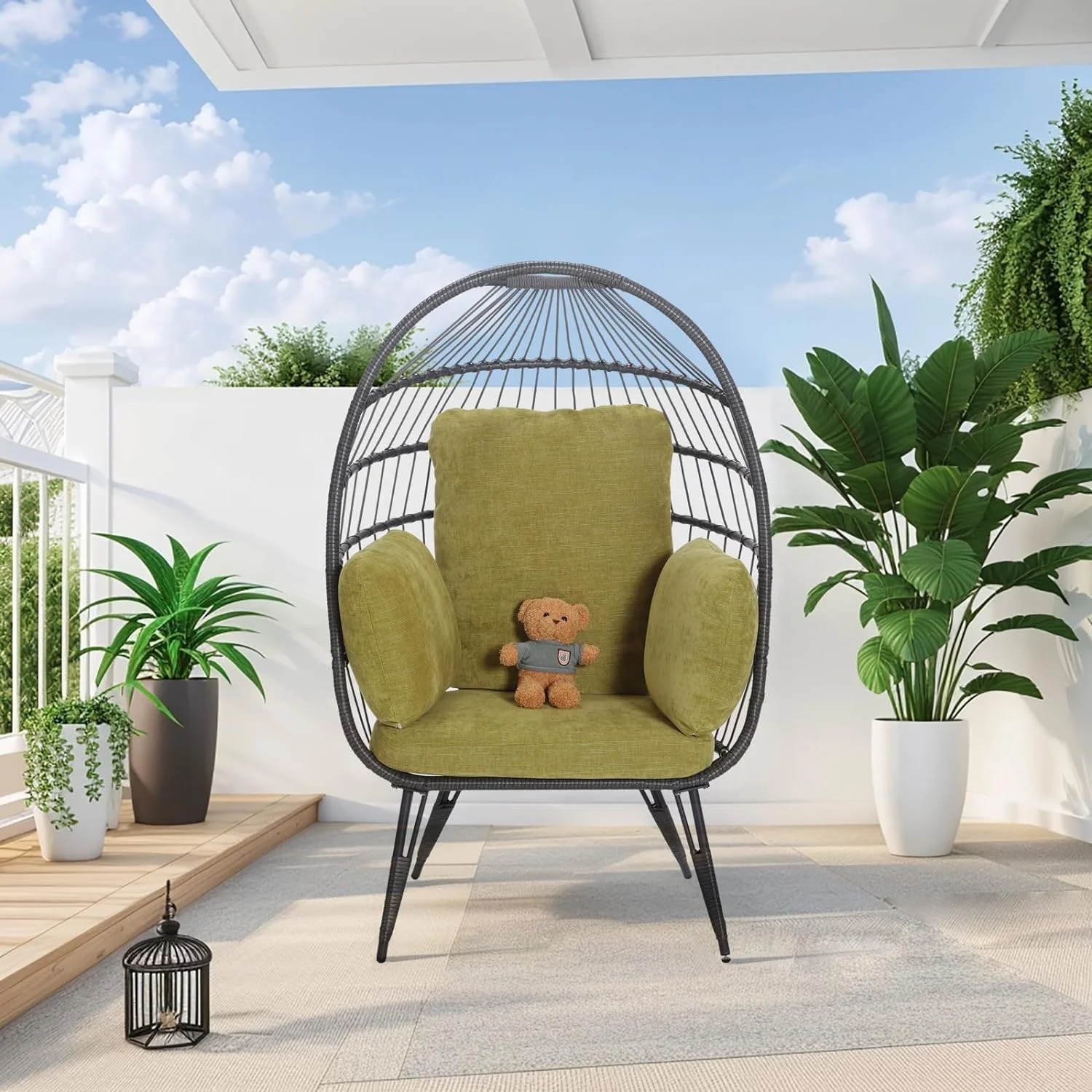 Wicker Egg Chairs Outdoor Set of 2, Oversized Rattan Chairs Indoor with Solid Stand, Comfy Patio Basket Chairs with Soft Cushions, Modern Lounge Chairs with a Cute Toy for Patio, Balcony, White