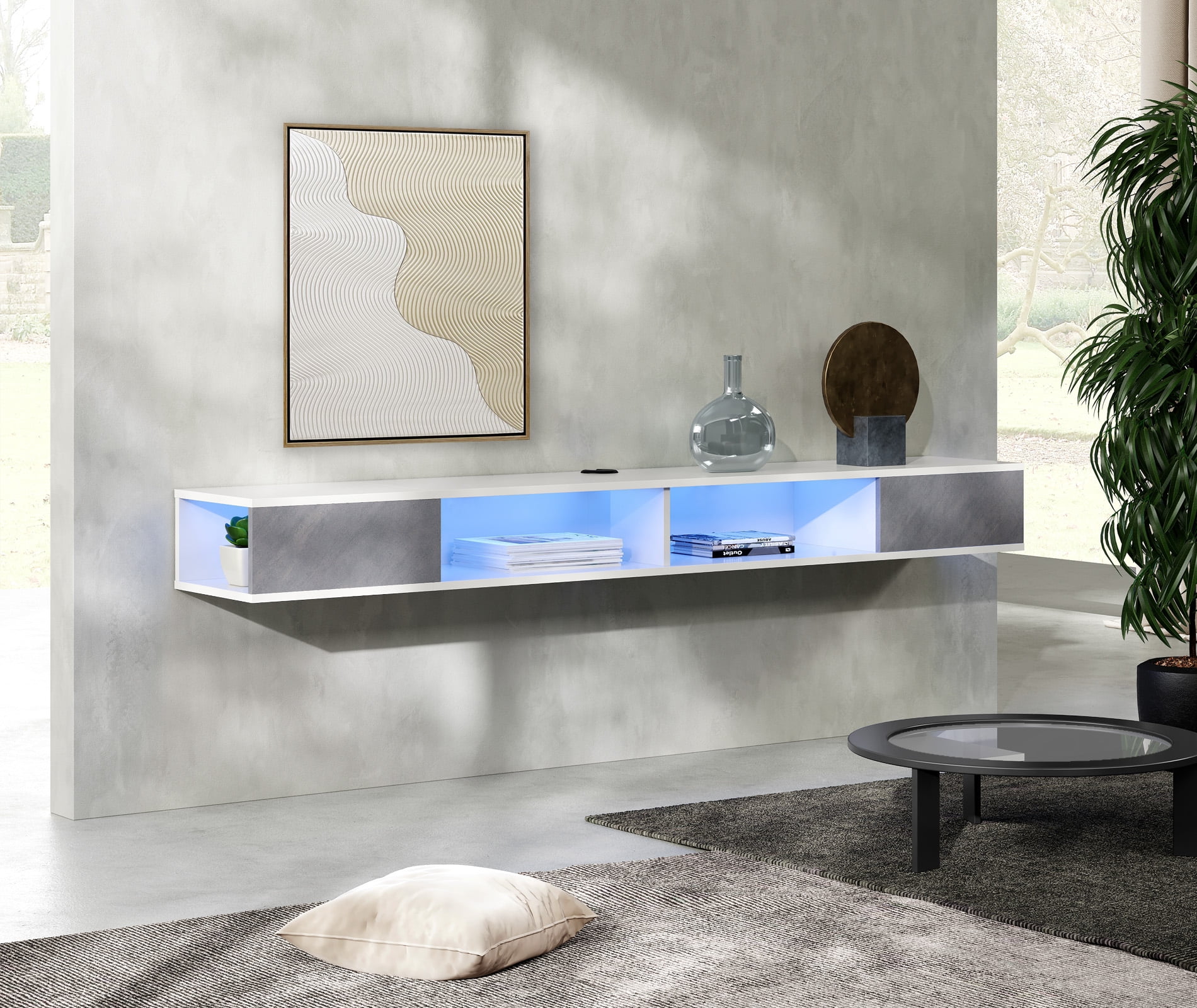 WAMPAT 70 inch Floating TV Shelf with Blue LED Light,Floating Entertainment Center Wall Mounted Under TV Media Console for Living Room,White&Gray
