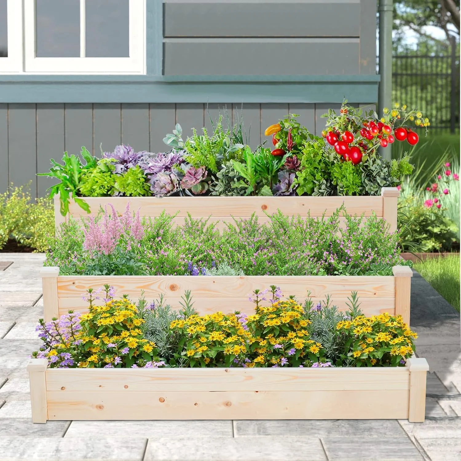 4x4 3 Tier Feet Outdoor Wooden Elevated Raised Garden Bed Planter Kit Grow Gardening Vegetable Natural, S or Yard Gardening, Natural - Curated Treasures Market