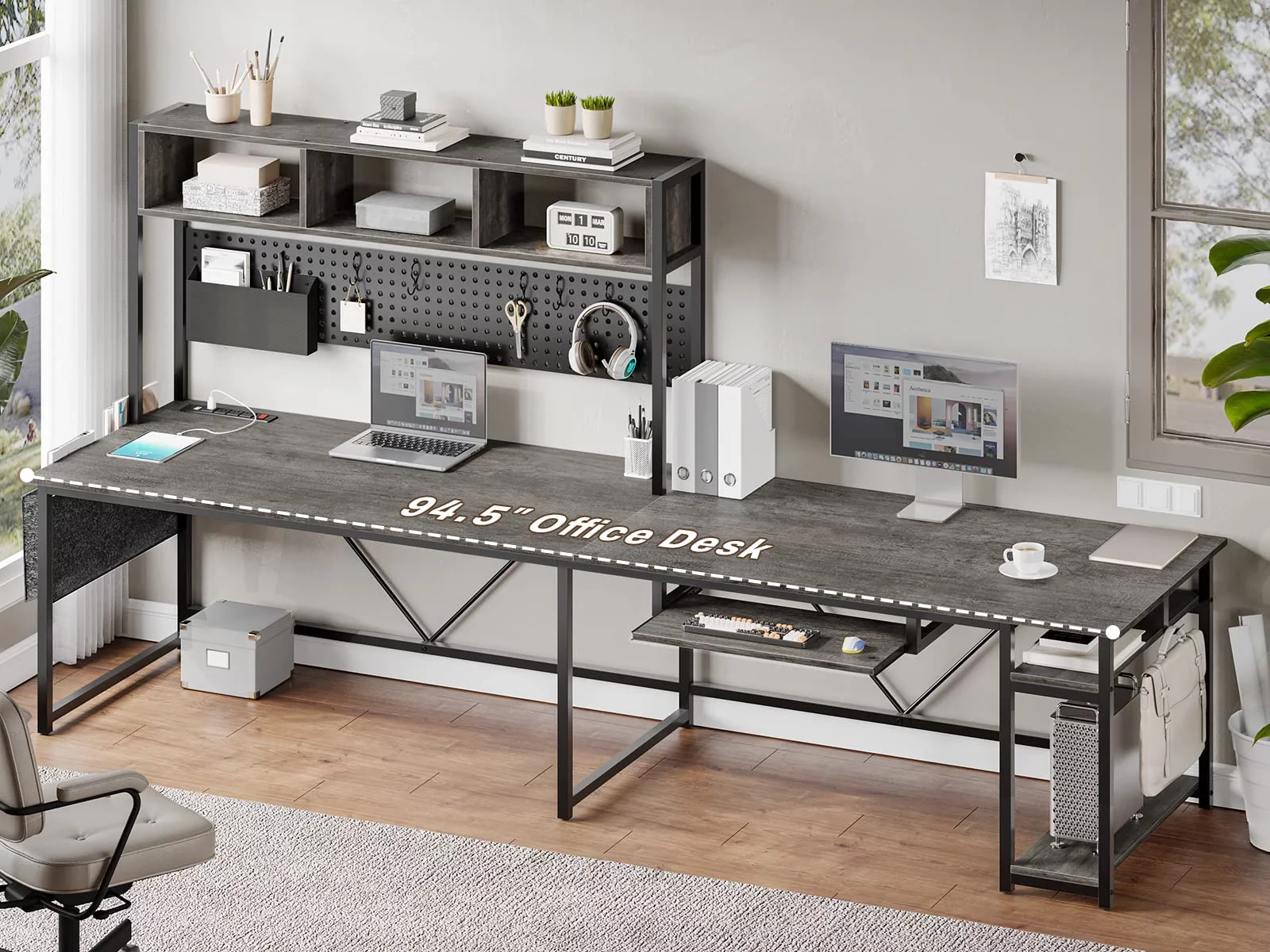 L Shaped Desk with Hutch, Long Home Office Desk with Power Outlet & Led Light,Computer Gaming Desk with Storage Shelves,Keyboard Tray,Hook,Grey