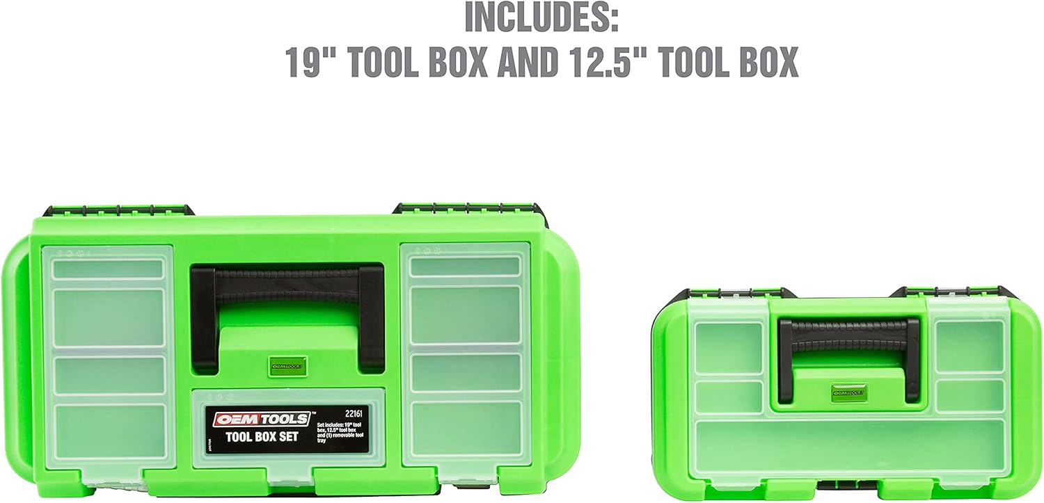 OEMTOOLS 22161 3 Piece Tool Box Set with Removable Tool Tray and Bonus 12.5" Tool Box, Black and Green Intermediate Tool Box Organizational System Pack of 2
