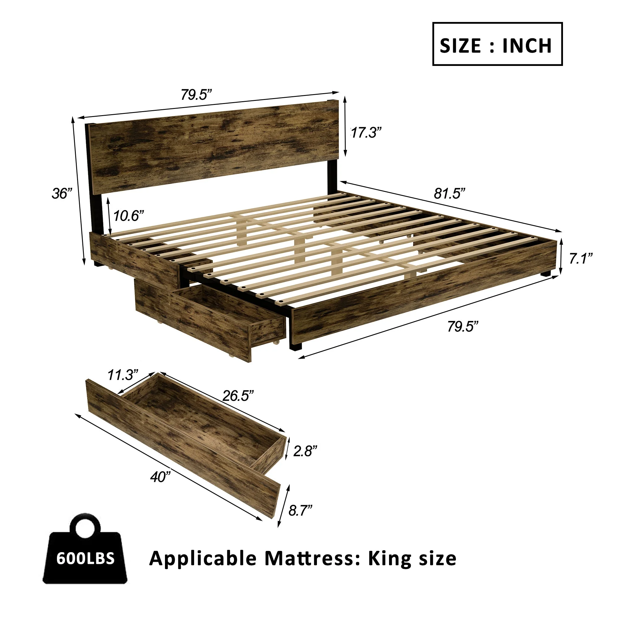 Elon King Size Bed Frame - Rustic Brown