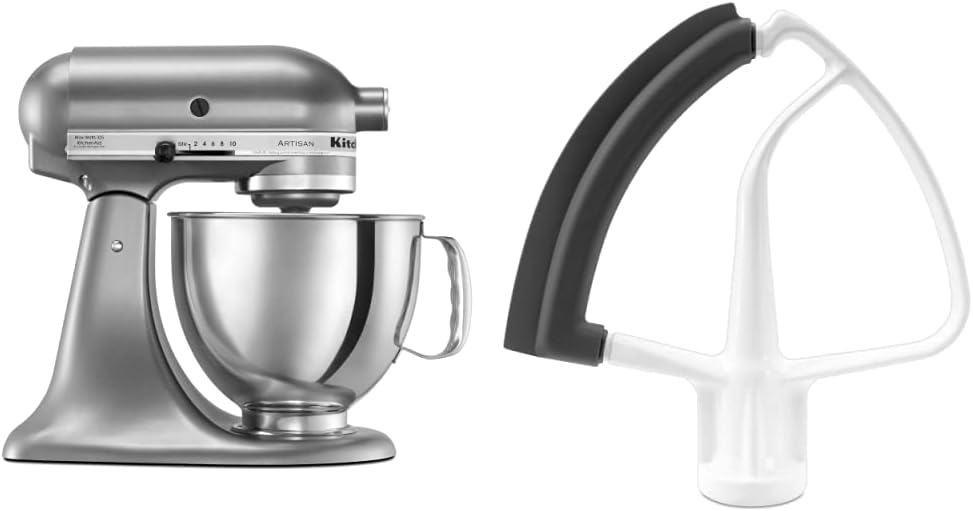 KitchenAid KSM150PSCU Artisan Series 5-Qt. Stand Mixer with Pouring Shield - Contour Silver and KitchenAid KFE5T Flex Edge Beater for Tilt-Head Stand Mixers Bundle