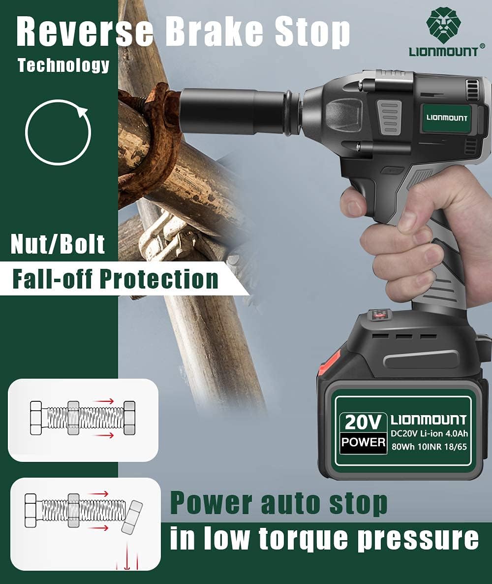 Cordless Impact Wrench, Lionmount 20V 1/2'' Brushless Electric Impact Driver Set, Max Torque 220 Ft-lb (300 N.m), 4400 RPM, Tool Case, Impact Sockets