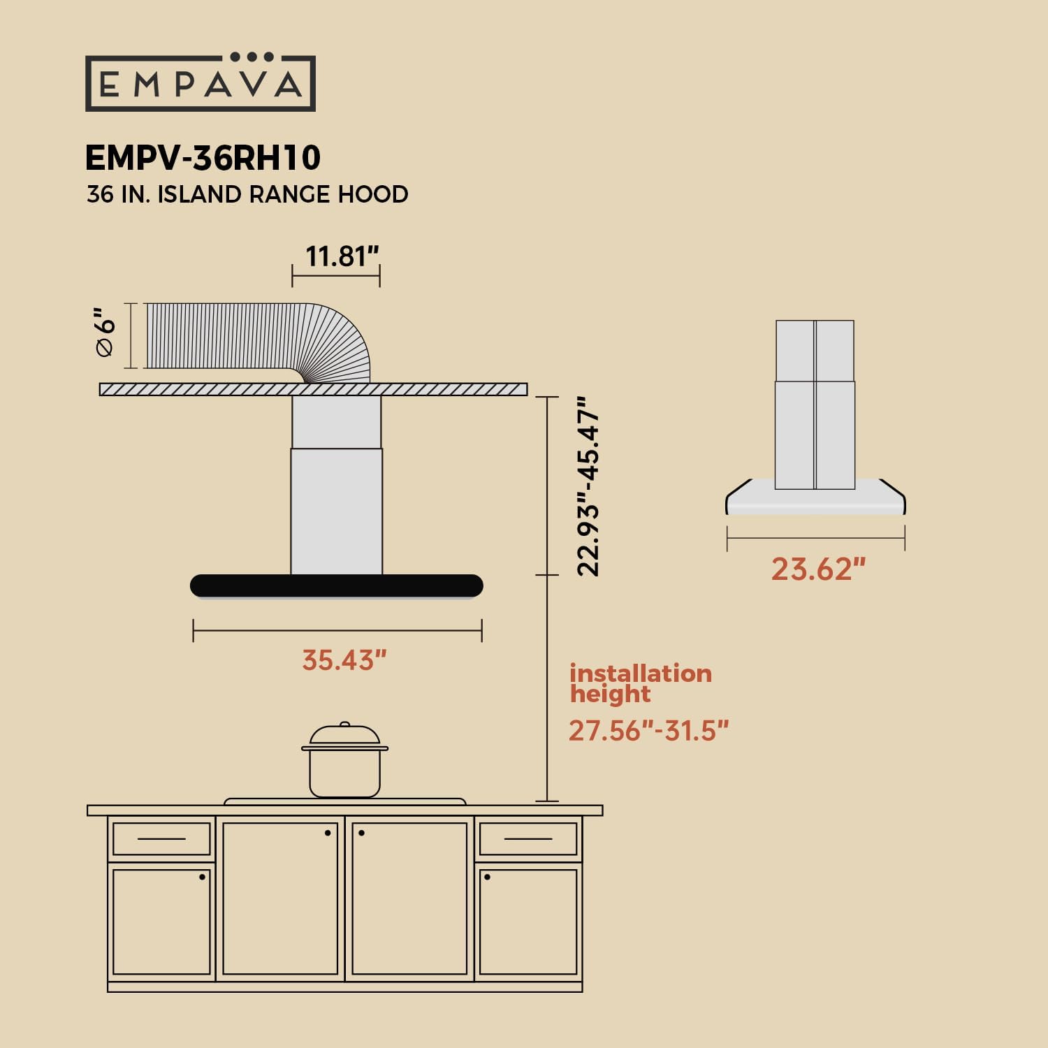 Empava Ducted/Ductless Island Range Hood 36 Inch, Ceiling Mount Kitchen Stove Vent with 400 CFM Dual-Sided Touch Control, 3 Speeds, 4 LED Lights, Stainless Steel (Charcoal-Filter Sold Separately)