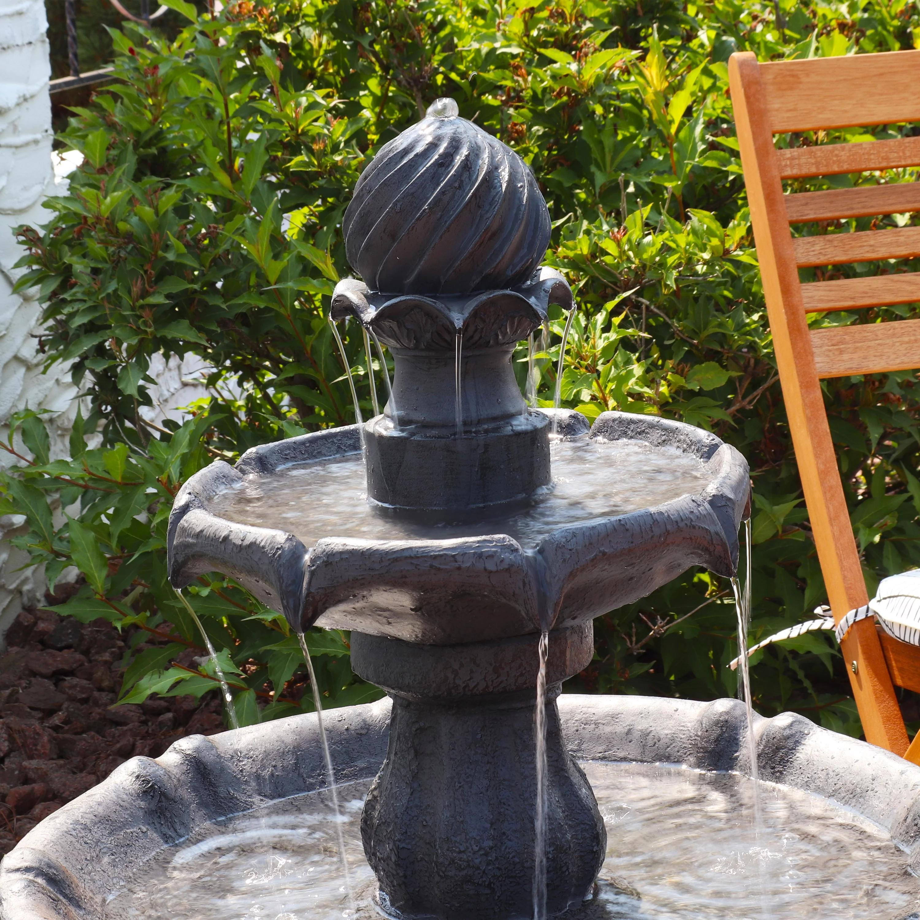 Sunnydaze 2-Tier Solar Outdoor Water Fountain with Battery Backup - Black Finish - 35" H