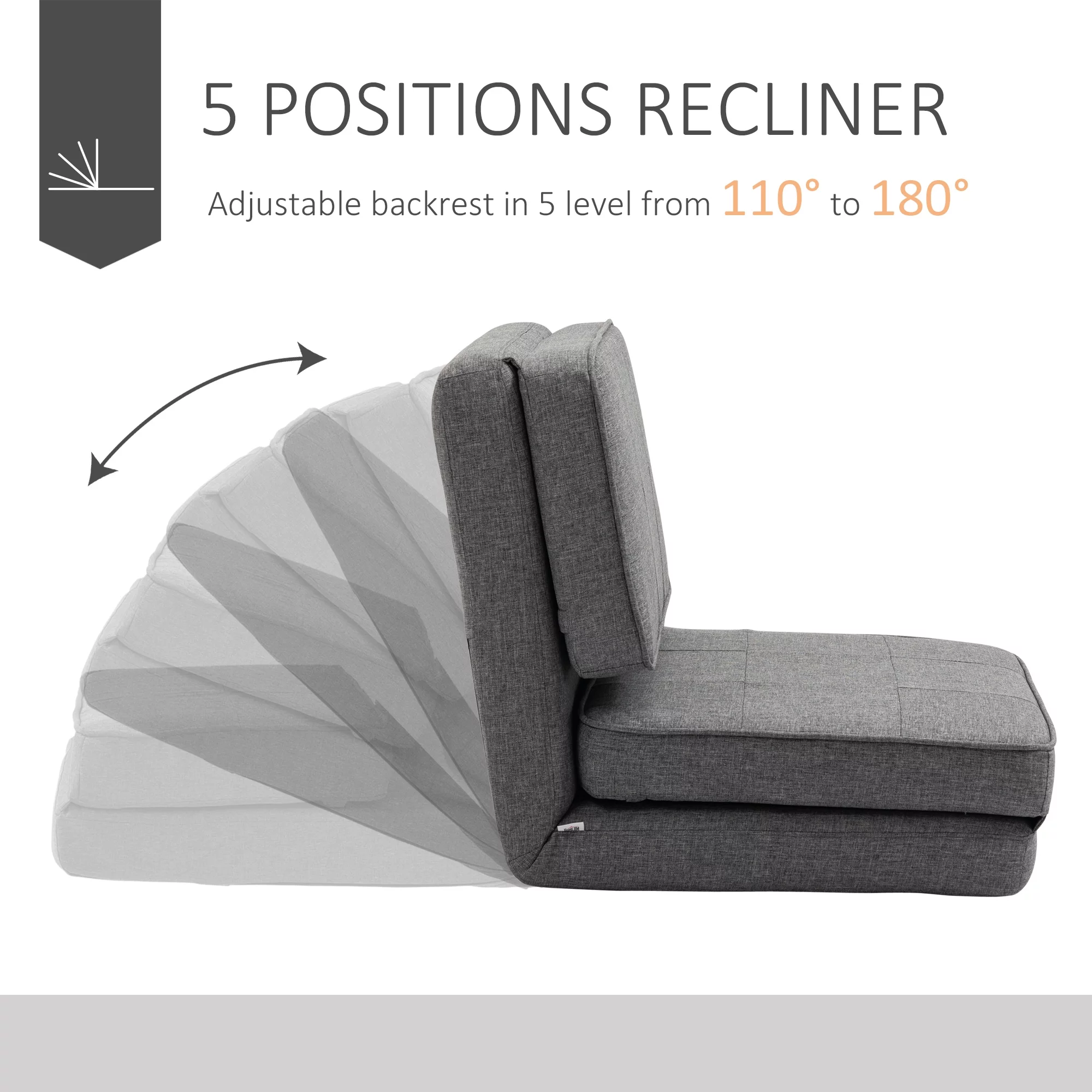 HOMCOM Convertible Flip Chair, Folding Upholstered Floor Sofa, Adjustable Guest Chaise Lounge, Dorm Bed with Metal Frame for Living Room and Bedroom, Dark Grey