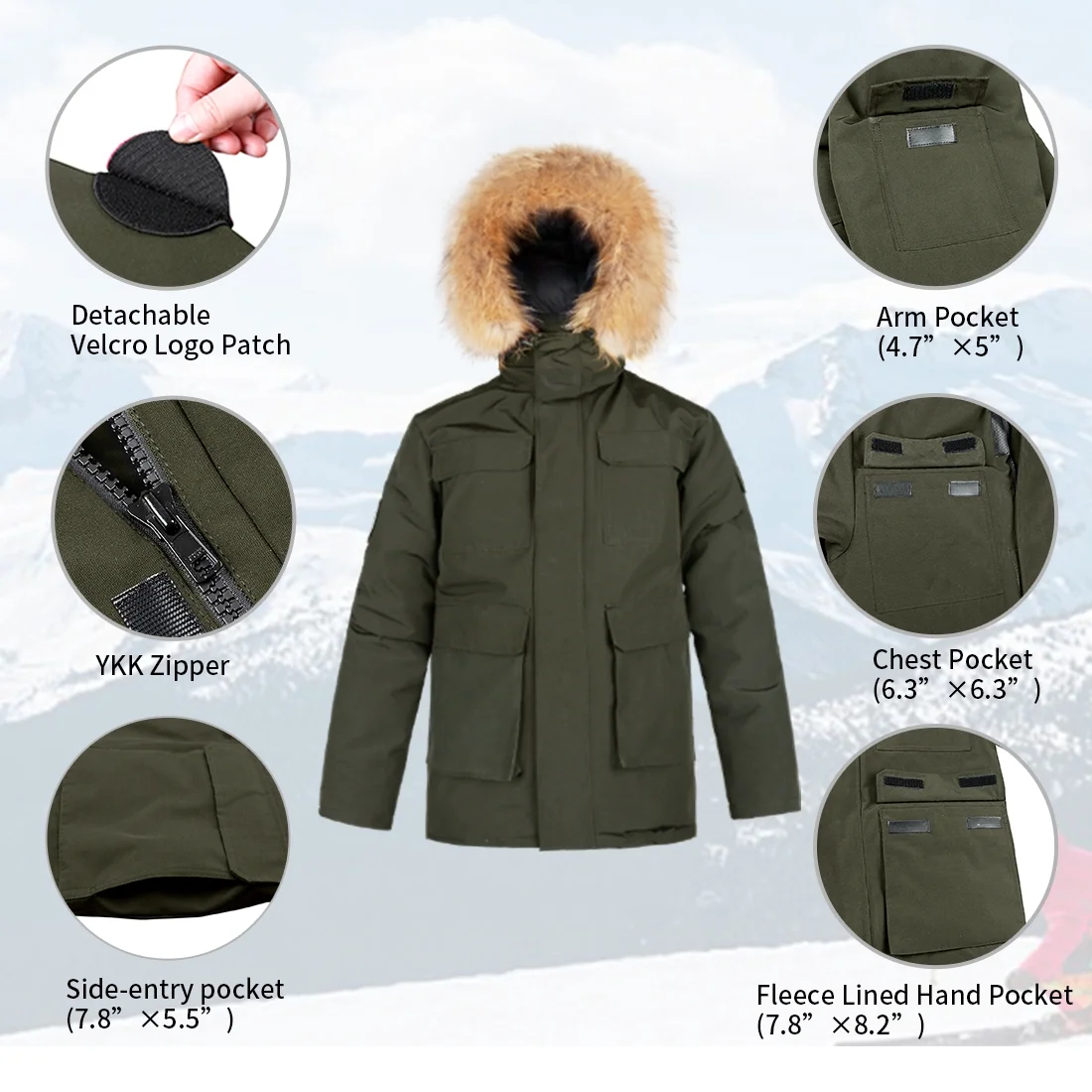Men's Goose Down Parka Jacket Waterproof Heavy Winter Coat Ski Jacket with Hood