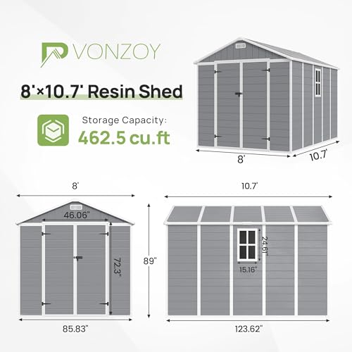 6x6FT Resin Outdoor Storage Shed, Plastic Garden Shed with Floor, Lockable Door & Window, Waterproof Tool Shed for Bike, Garbage Can, Lawn Mower, Patio Furniture Grey White