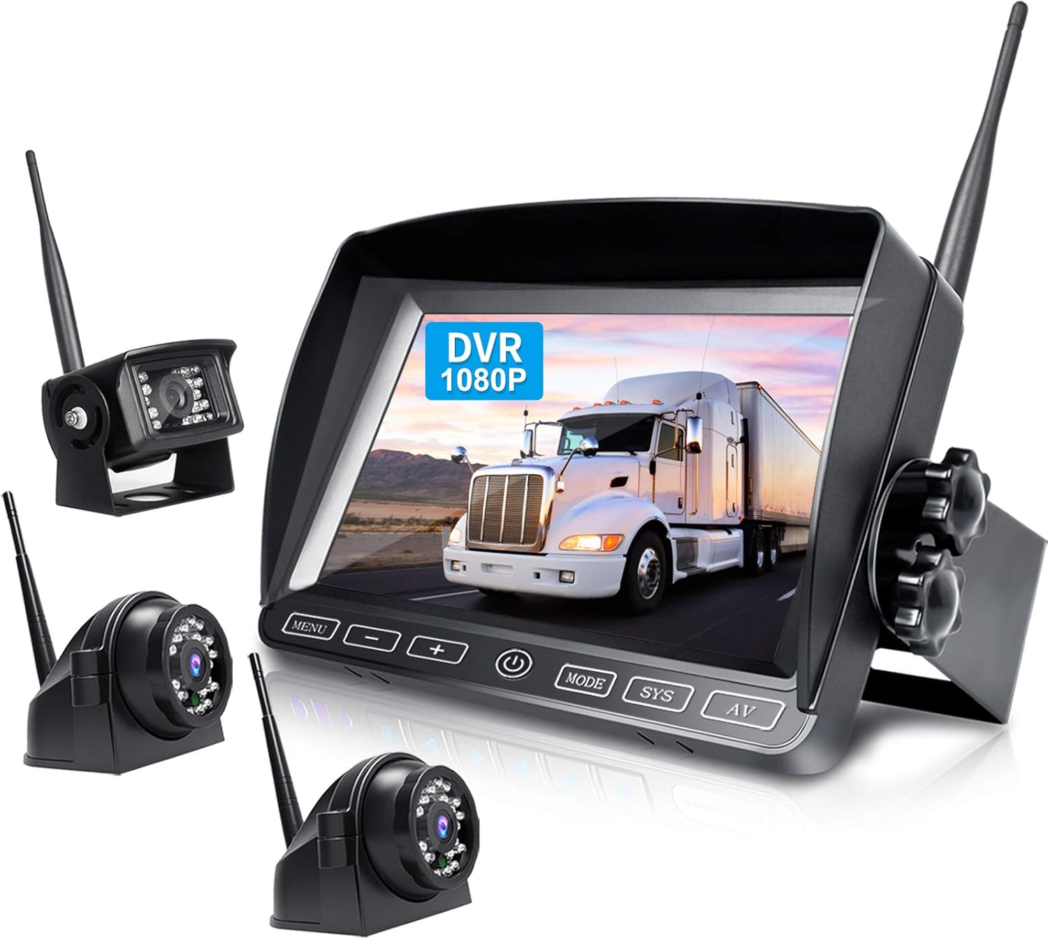 ZEROXCLUB Wireless Backup Camera with 7 Inch DVR Quad Split Monitor for RV Trailer Truck, Digital Signal HD 1080P Wireless Rear Side View 3 Cameras Back Up System w/Recording 18 IR Night Vision-B3C