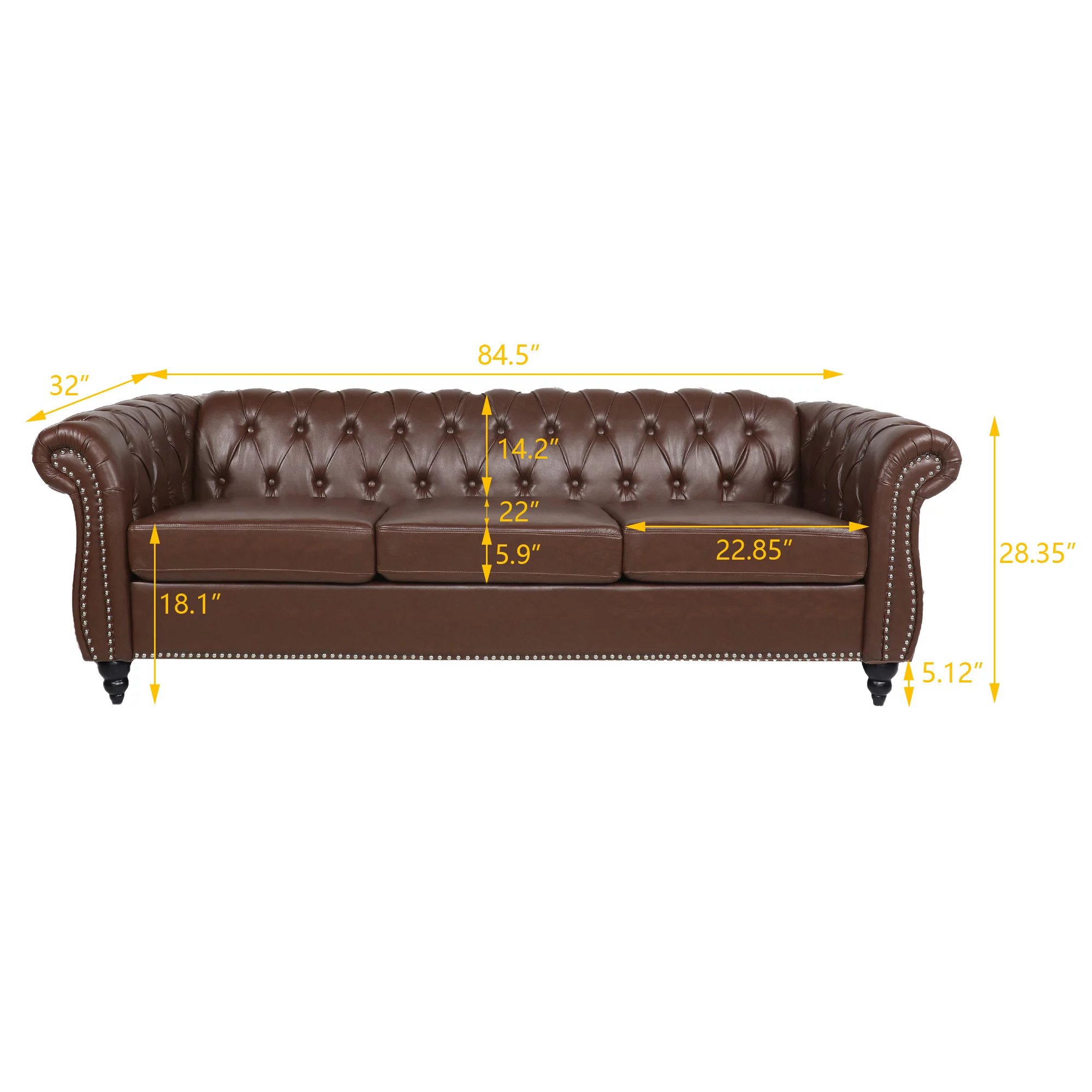 Yocwo 84" Faux Leather Sofa Couch,3 Seater Chesterfield Sofa,Upholstered Rolled Arms Sofa with Nailhead Trim for Living Room, Brown