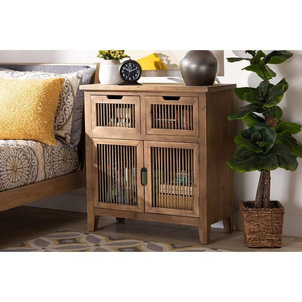 Baxton Studio Clement Rustic Transitional Medium Oak Finished 2-Door and 2-Drawer Wood Spindle Accent Storage Cabinet