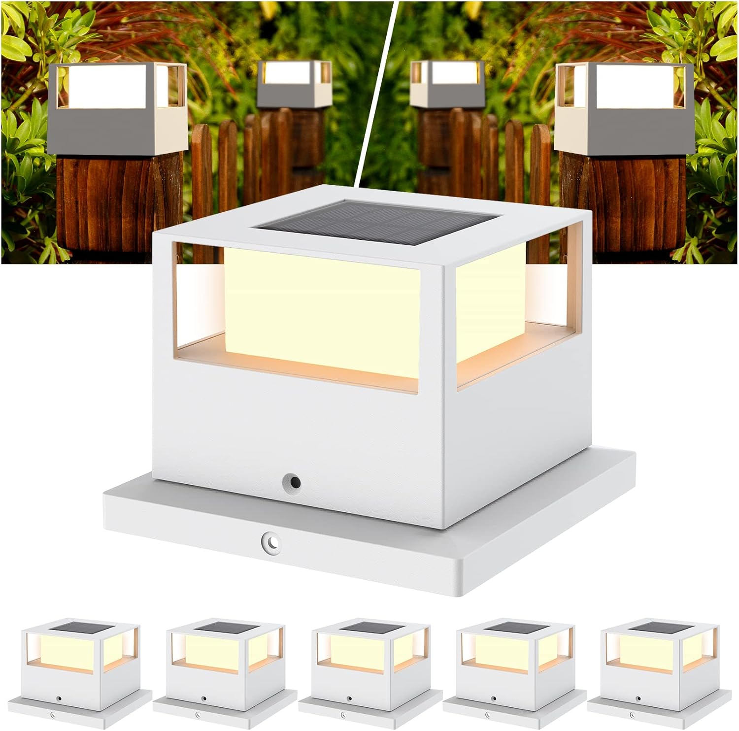 6 Pack Solar Post Lights Outdoor Solar Post Cap Lights, 20 Lumen High Brightness Waterproof LED Fence Post Solar Lights with Base for 4x4 5x5 6x6 Wooden Posts,White