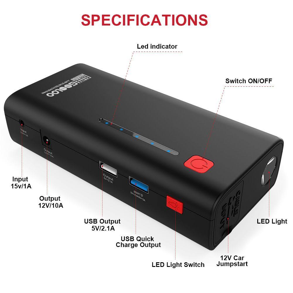 Gooloo 1200A Peak 18000mAh Supersafe Car Jump Starter with USB Quick Charge 3.0