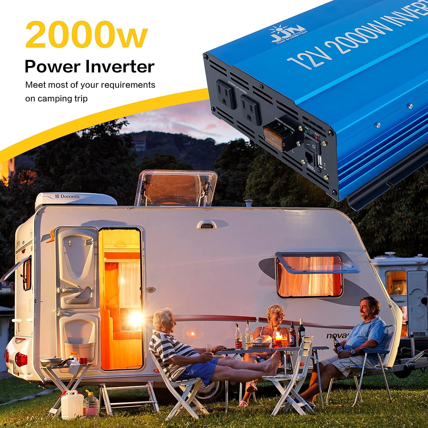 Power Inverter 2000 Watt Modified Sine Wave Inverter 12V to 110V Converter for Home, RV, Truck, Off-Grid Solar Power Inverter with Built-in 5V/2.1A USB Port, AC Hardwire Port, Remote Controller