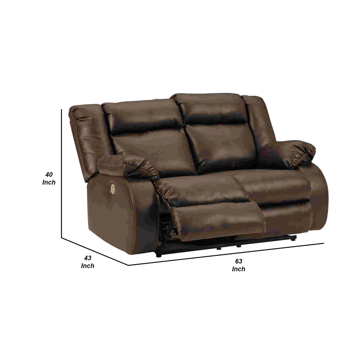 Benjara Power Recliner Loveseat with Faux Leather and Zero Draw USB Port, Brown