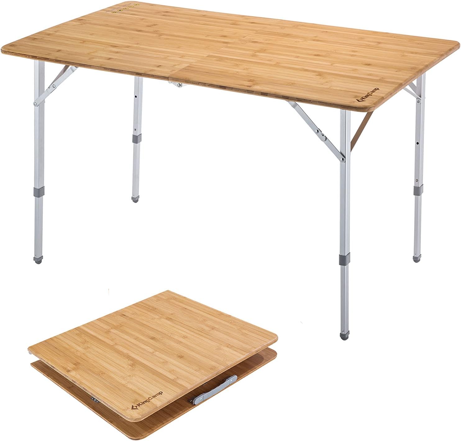 KingCamp Bamboo Folding Table Environmental Camping Table with Adjustable Height Aluminum Legs Heavy Duty 4-Folds Portable Camp Tables for Travel, Picnic, Party, Beach, Outdoor and Indoor, 1-2 People