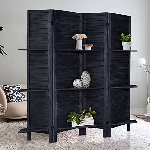 Room Divider with Shelves, Privacy Screen, Room Dividers and Folding Privacy Screens, 5 Panel Wood Temporary Wall Partition Separation Separator, Coconut