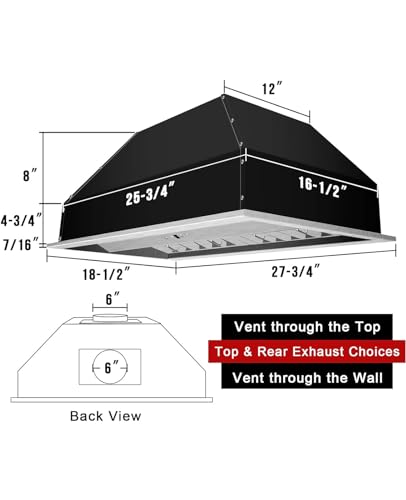 Insert/Built-in Range Hood, Ultra Quiet, Powerful Suction Stainless Steel Ducted Kitchen Vent Hood with Dimmable LED Lights, 3-Speeds 600CFM