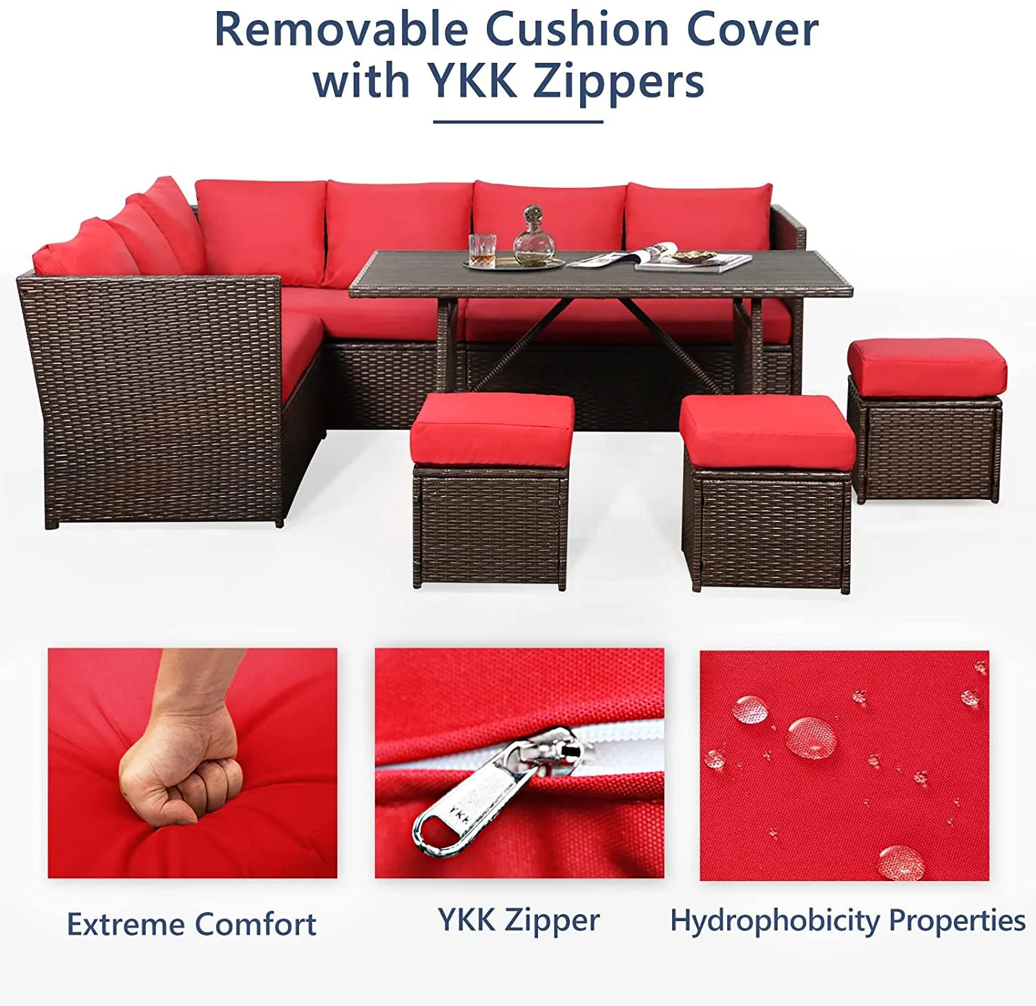 Danrelax 7 Pieces Patio Furniture Set Outdoor Sectional Sofa Conversation Set All Weather Brown Rattan Couch Dining Table &Ottomans, Red Cushions