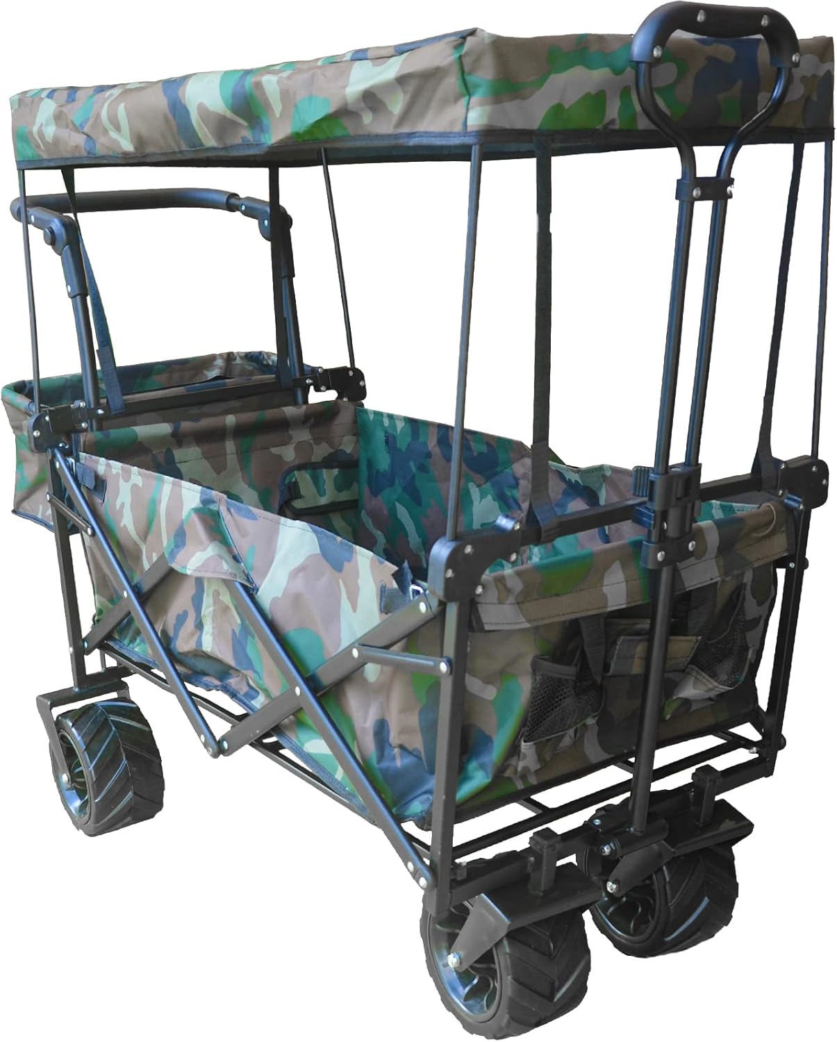 Collapsible Wagon Camping Garden Cart with Removable Canopy, Folding Wagon with Adjustable Push Handles and Brake for Shopping, Picnic, Beach, Camping, Sports (Camo)